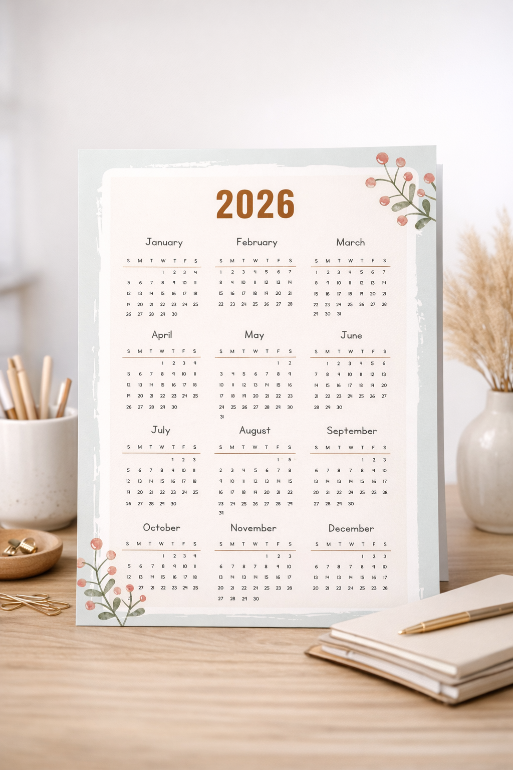 Pastel Floral Simple 2026 Calendar