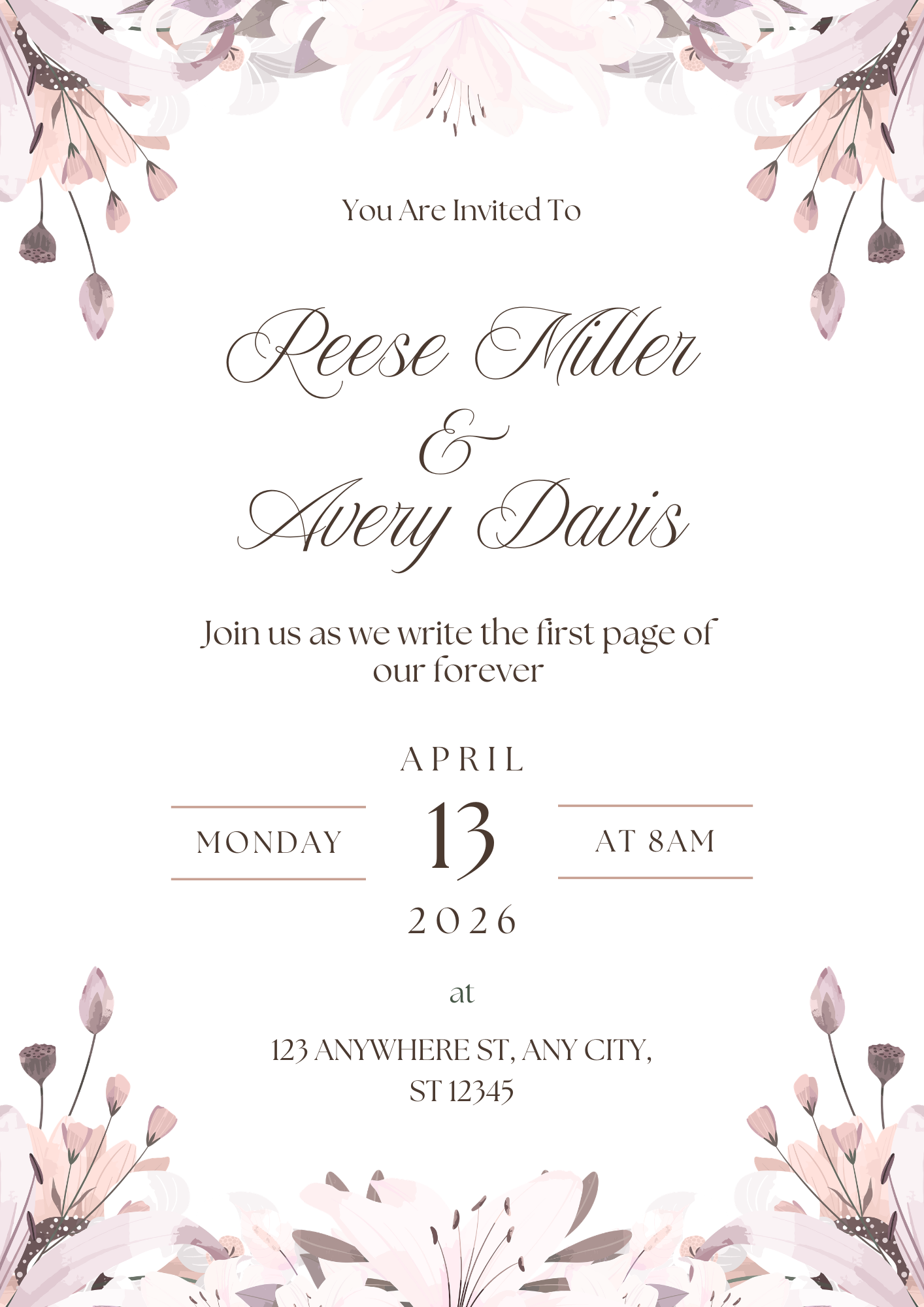 Pink, White & Brown Elegant Wedding Invitation Card – Editable Template